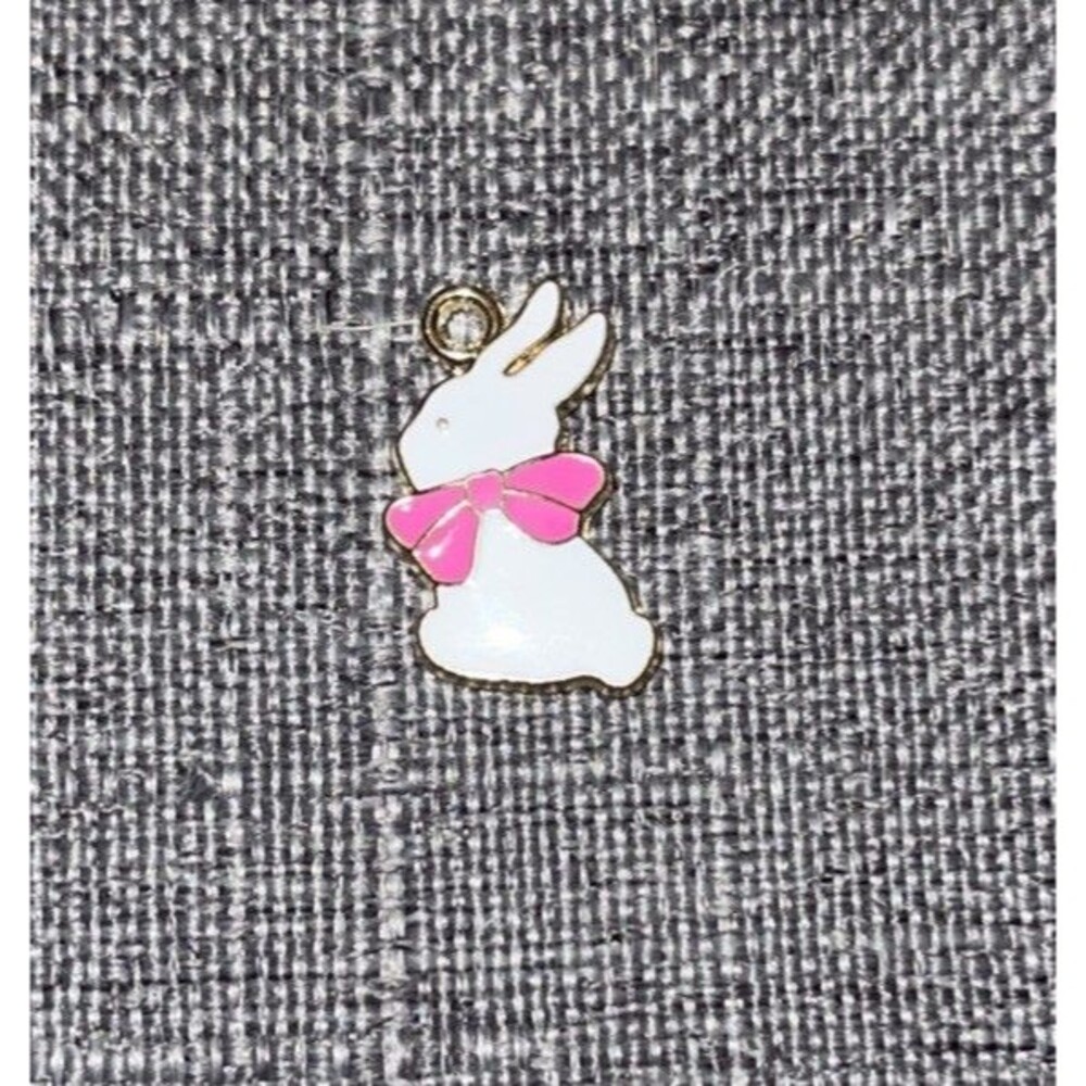 White Pink Enamel Bunny Rabbit Charm Gold Tone Pendant Jewelry Making Supply